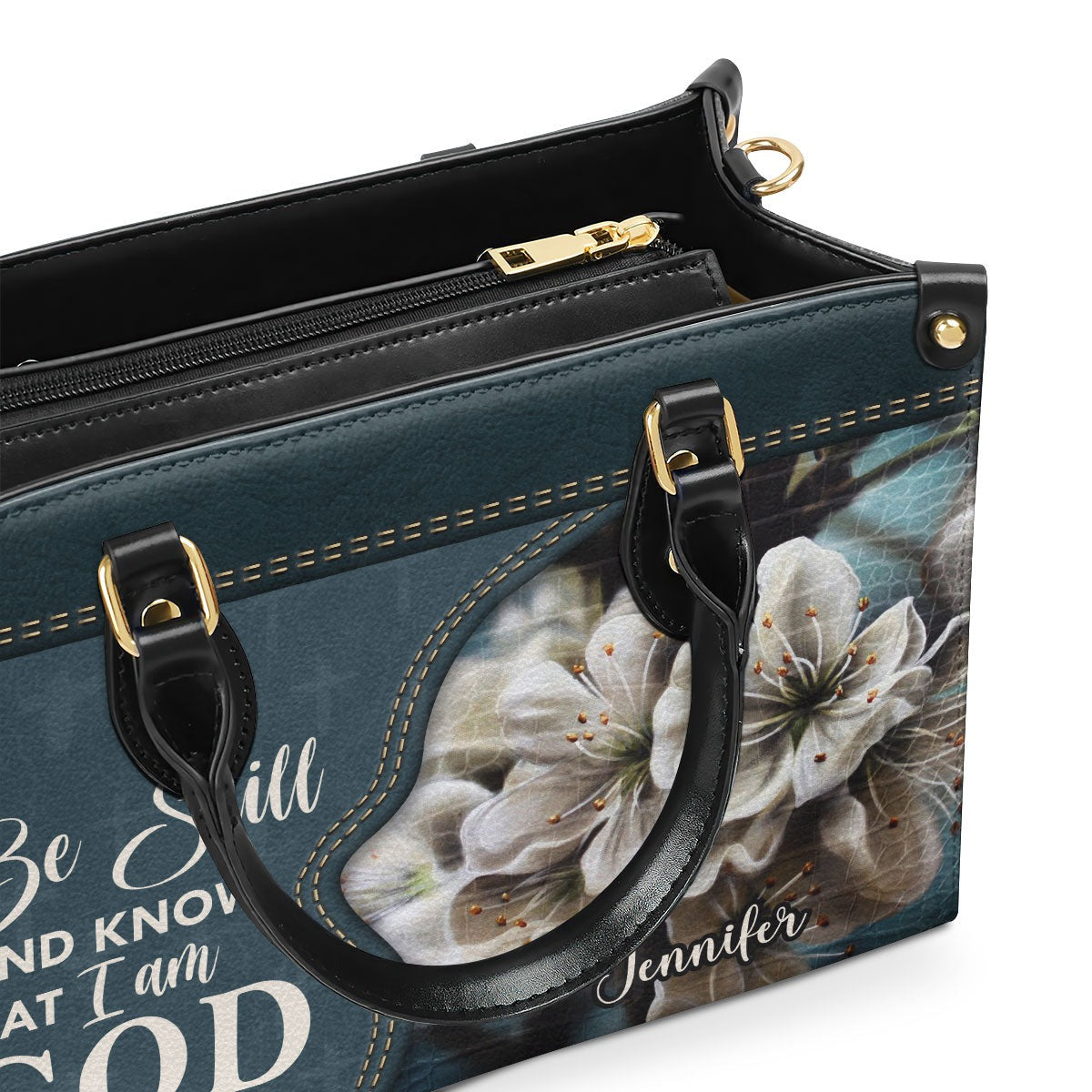Personalized Christian Leather Handbag, Be Still and Know That I Am God Purse โ Psalm 46:10 Faith Bag with Flowers BLAF49